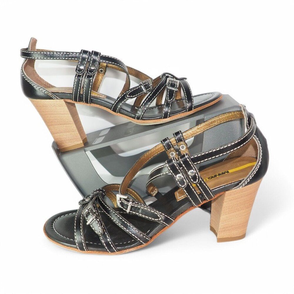 Manas Designs‎ Strappy Leather Heeled Slingback Sandals Black Brown Women's 9/40